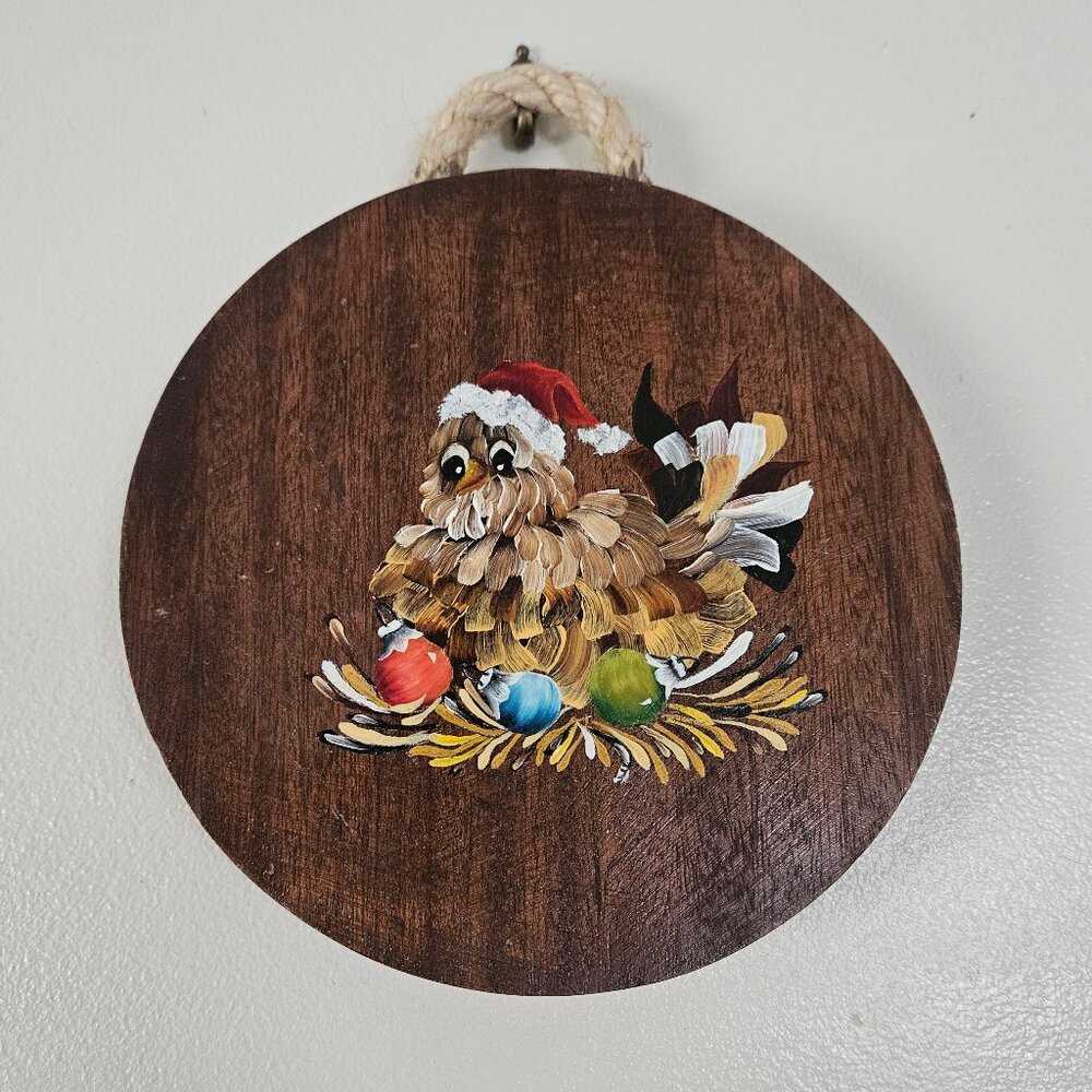 Vintage 70s 80s Handpainted Christmas Chicken Egg Wooden Wall Art Plaque 8" - Picture 1 of 3